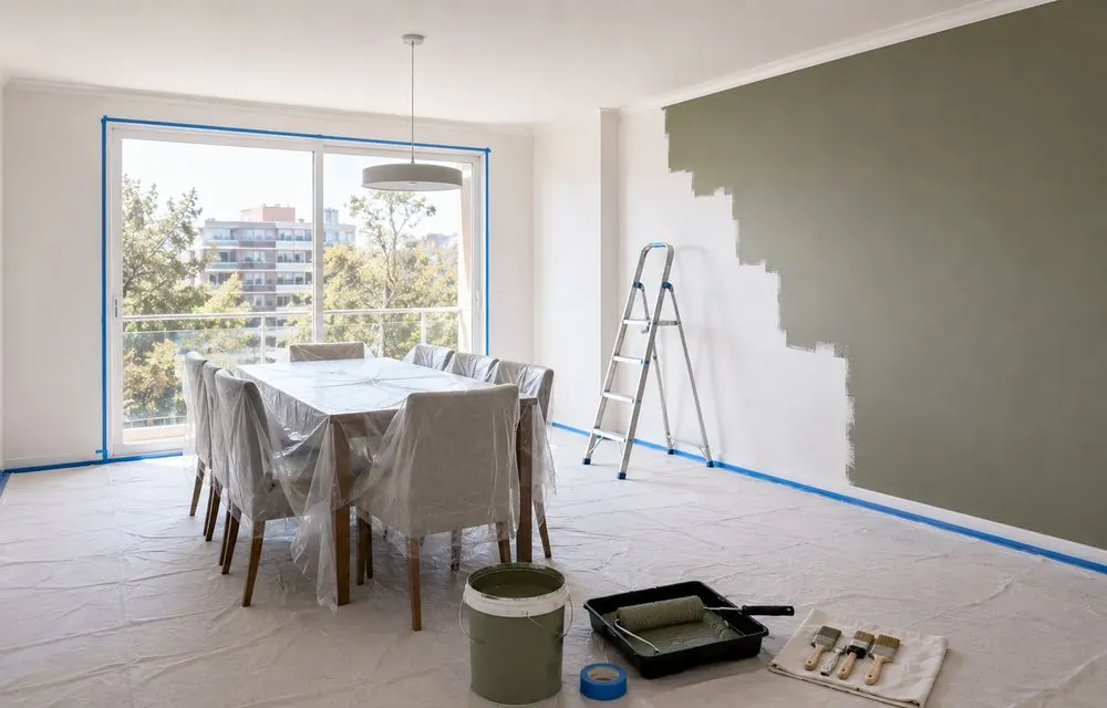 Comedor con muro de acento verde recién aplicado